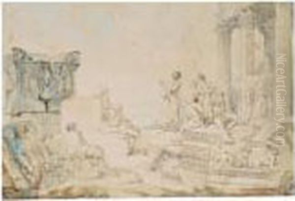 Capriccio Con Figure E Rovine Romane Oil Painting by Giovanni Niccolo Servandoni