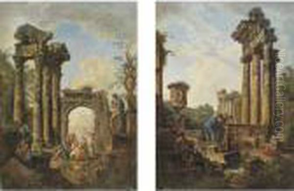 Architectural Capriccio Of Roman
 Ruins And Four Archeologists (#) 
 An Architectural Capriccio Of Roman Ruins And An Apostle 
 Preaching Oil Painting by Giovanni Niccolo Servandoni