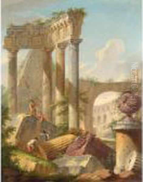 An Architectural Capriccio With Stonemasons On Classical Ruins Oil Painting by Giovanni Niccolo Servandoni