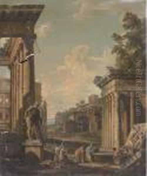 A Capriccio Of Classical Architecture With Figures By Afountain Oil Painting by Giovanni Niccolo Servandoni