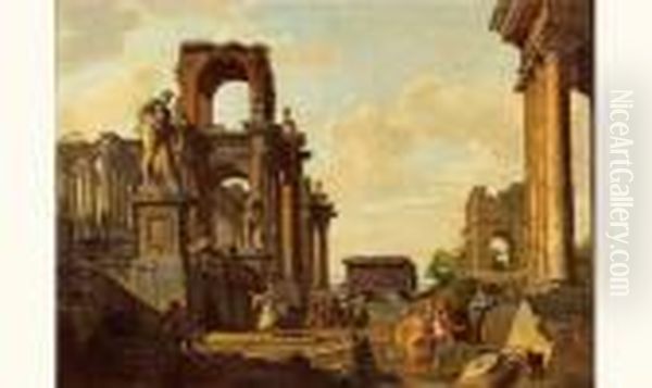 Vue Ideale De Ruines Romaines, 
Avec Le Temple De Janus Quadrifronte Et L'hercule Farnese, Animees De 
Personnages Oil Painting by Giovanni Niccolo Servandoni