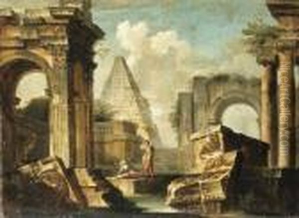 A Capriccio Of Classical Ruins With Figures Oil Painting by Giovanni Niccolo Servandoni