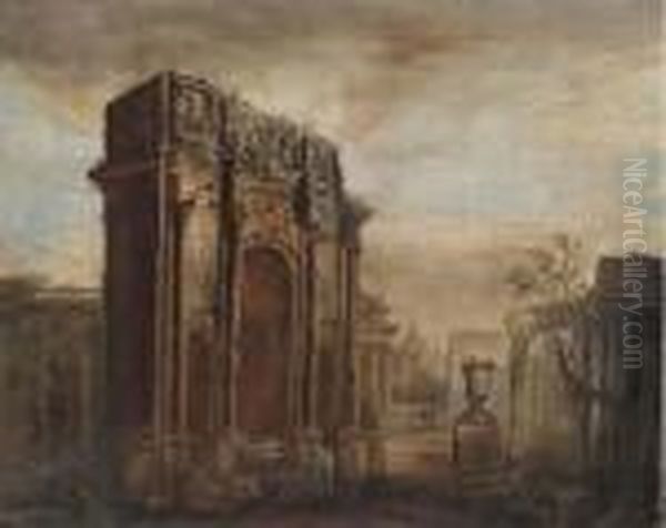 A Capriccio Of The Roman Forum Oil Painting by Giovanni Niccolo Servandoni