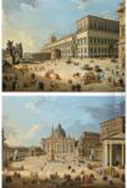 Rome, A View Of St. Peter's 
Basilica And St. Peter's Square In The Vatican With An Ambassadorial 
Procession And Figures Promenading; Rome, A View Of The Piazza And 
Palazzo Del Quirinale With An Ambassadorial Procession And Other Figures Oil Painting by Giovanni Niccolo Servandoni