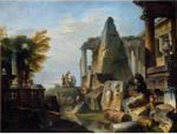 A Philosopher And Soldiers Amongst Ancient Ruins Including The Pyramid Of Gaius Cestius Oil Painting by Giovanni Niccolo Servandoni