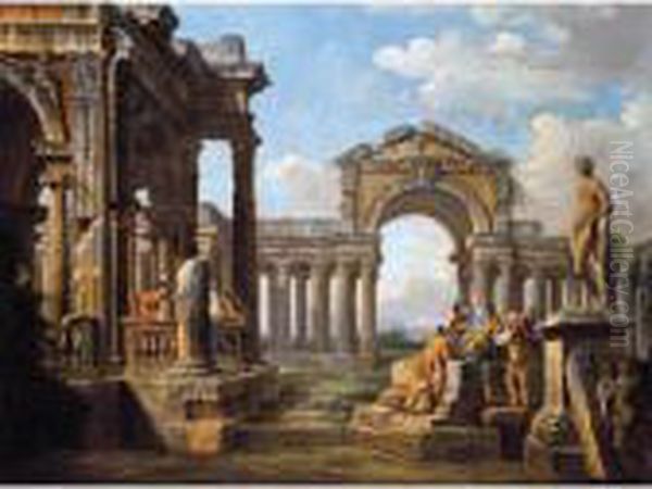 An Architectural Capriccio With A Philosopher And Soldiers Amongst Ancient Ruins Oil Painting by Giovanni Niccolo Servandoni