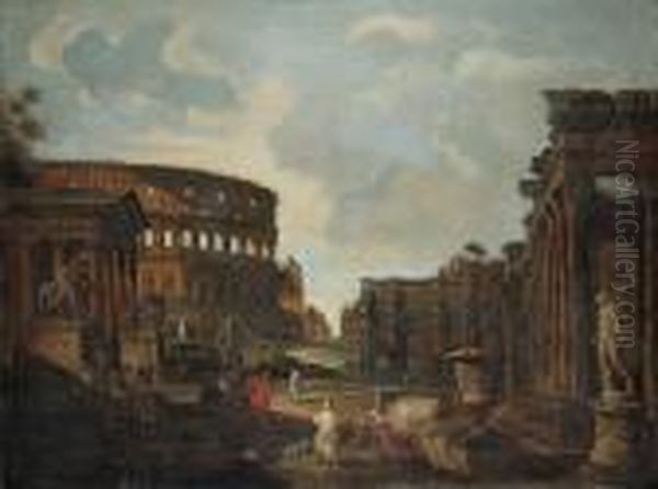 A 
 Of Roman Ruins With The Colosseum And The Arch Of Constantine Oil Painting by Giovanni Niccolo Servandoni