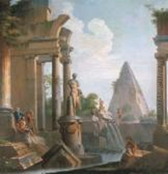 A Capriccio Of Classical Ruins With The Pyramid Of Cestius Oil Painting by Giovanni Niccolo Servandoni