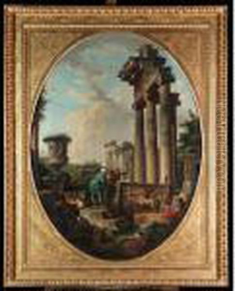 A Capriccio Of Roman Ruins With The Borghese Vase And Figures Oil Painting by Giovanni Niccolo Servandoni