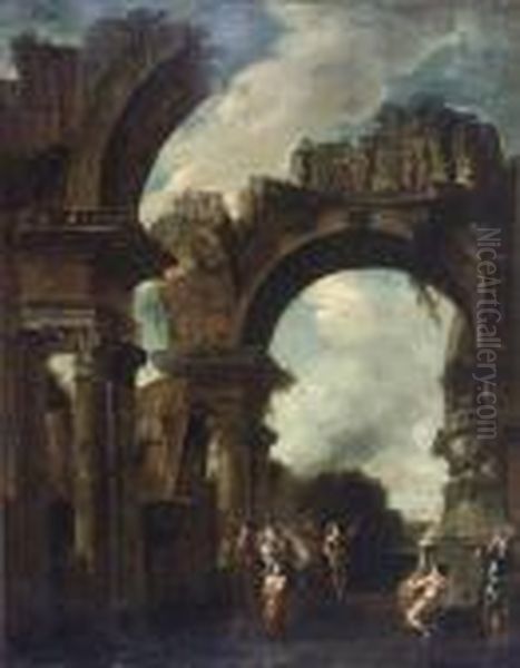 Sacrificial Lamb Amid A Capriccio Of Ruins Oil Painting by Giovanni Niccolo Servandoni