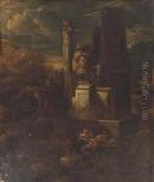 A Capriccio Of Classical Ruins With A Shepherd And Shepherdessconversing Oil Painting by Giovanni Niccolo Servandoni