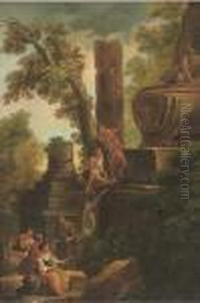 A Capriccio Of A Tomb With Onlookers Oil Painting by Giovanni Niccolo Servandoni