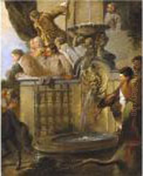 Figures At A Balustrade By A Fountain Oil Painting by Giovanni Niccolo Servandoni