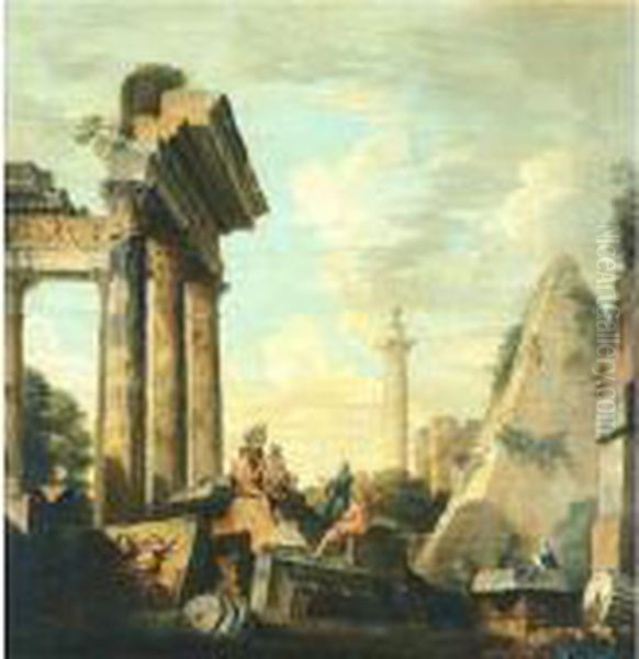 Architectural Capriccio With Trajan's Column And The Pryamid Of Cestius Oil Painting by Giovanni Niccolo Servandoni