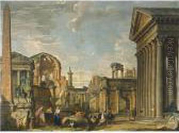 An Architectural Capriccio Of 
Roman Ruins And The Statue Of Marcus Aurelius On Horseback With A 
Soldier Returning, Other Soldiers And Figures Nearby Oil Painting by Giovanni Niccolo Servandoni