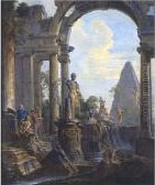 An Architectural Capriccio With 
The Pyramid Of Caius Cestius And A Classical Statue Of Meleager, 
Soldiers And Other Figures Conversing Oil Painting by Giovanni Niccolo Servandoni