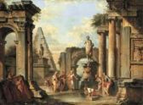 A Capriccio Of Classical Ruins With Diogenes Throwing Away Hiscup Oil Painting by Giovanni Niccolo Servandoni