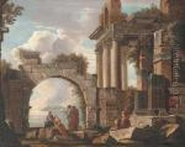 A Capriccio Of Classical Ruins With Figures Conversing, A Lakebeyond Oil Painting by Giovanni Niccolo Servandoni