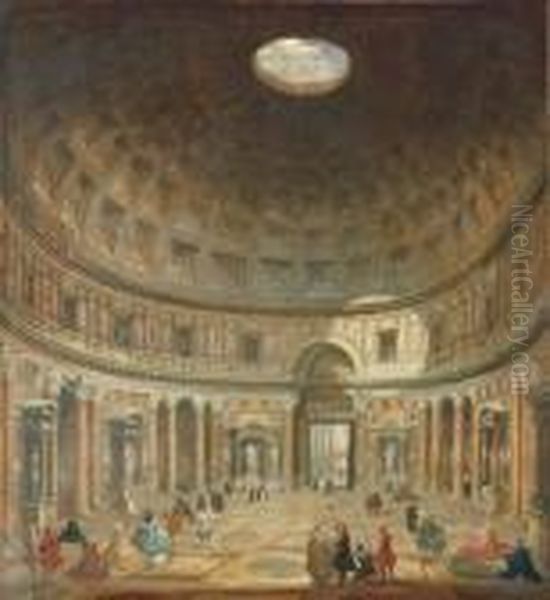 The Interior Of The Pantheon, 
Rome, Looking North From The Mainaltar Towards The Entrance Oil Painting by Giovanni Niccolo Servandoni