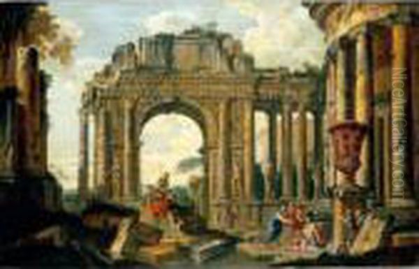 An Architectural Capriccio With Belisarius And Soldiers Among Ruins Oil Painting by Giovanni Niccolo Servandoni