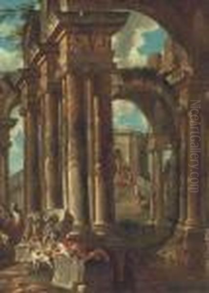 A Capriccio Of Roman Ruins With Soldiers And Other Figures Oil Painting by Giovanni Niccolo Servandoni