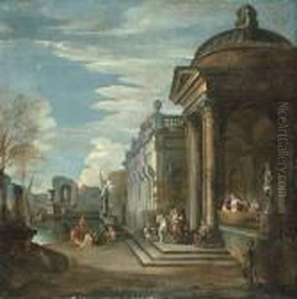 A Capriccio Of Classical Buildings By A Pool Oil Painting by Giovanni Niccolo Servandoni