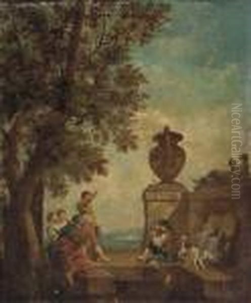 Figures Conversing On A Terrace With Classical Statuary Oil Painting by Giovanni Niccolo Servandoni