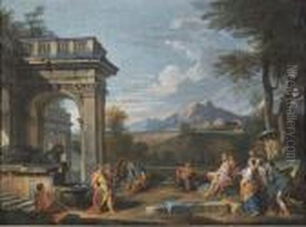 A Classical Landscape With The Judgement Of Midas Oil Painting by Giovanni Niccolo Servandoni