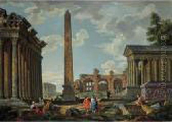 Veduta Ideata, Con Obelisco, Il Tempio Di Adriano E Quello Della Fortuna Virile Oil Painting by Giovanni Niccolo Servandoni