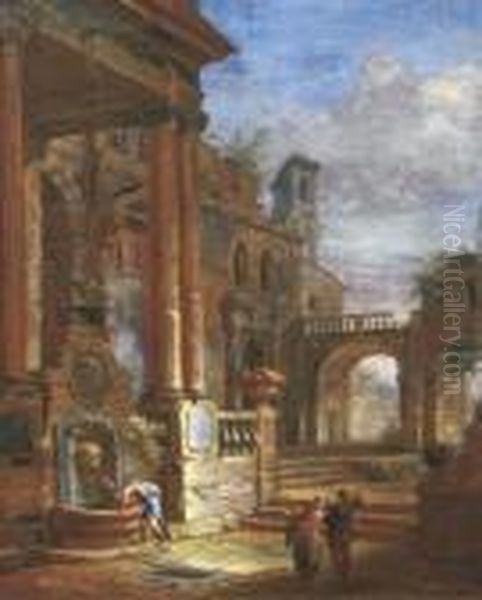 An Architectural Capriccio With Figures By A Fountain In A Square Oil Painting by Giovanni Niccolo Servandoni