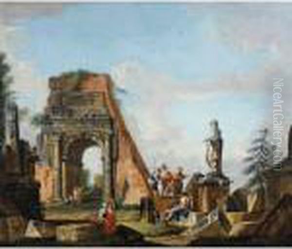 A Capriccio Of Roman Ruins Including The The Arch Of Titus And The Statue Of Achilles Oil Painting by Giovanni Niccolo Servandoni