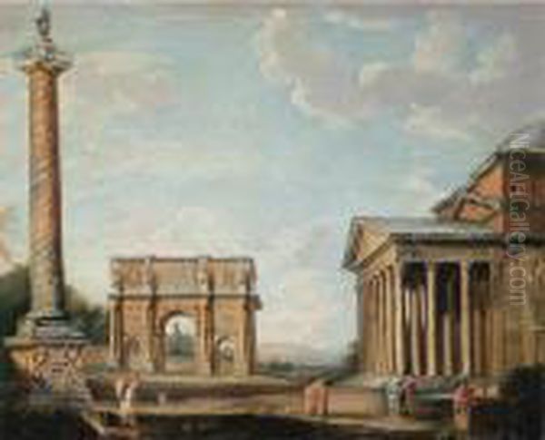 A View Of The Pantheon, Arch Of 
Constantine, And Trajan's Column With The Coliseum In The Background Oil Painting by Giovanni Niccolo Servandoni