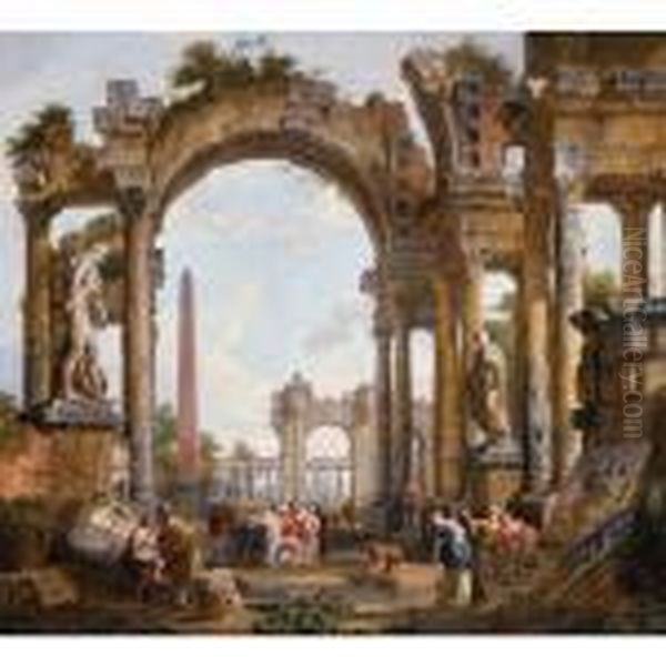 A Capriccio Of Classical Ruins With Christ Healing The Lame At The Pool Of Bethesda Oil Painting by Giovanni Niccolo Servandoni