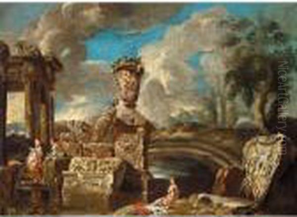 Landscape With Figures Among Classical Ruins Oil Painting by Giovanni Niccolo Servandoni