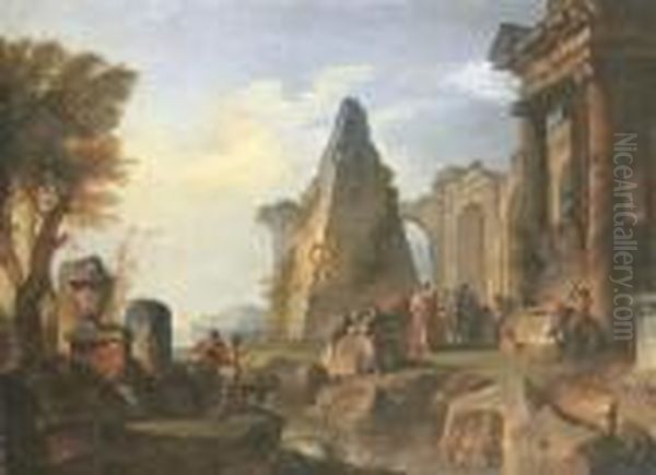 An Architectural Capriccio With Alexander Visiting The Tomb Of Achilles Oil Painting by Giovanni Niccolo Servandoni