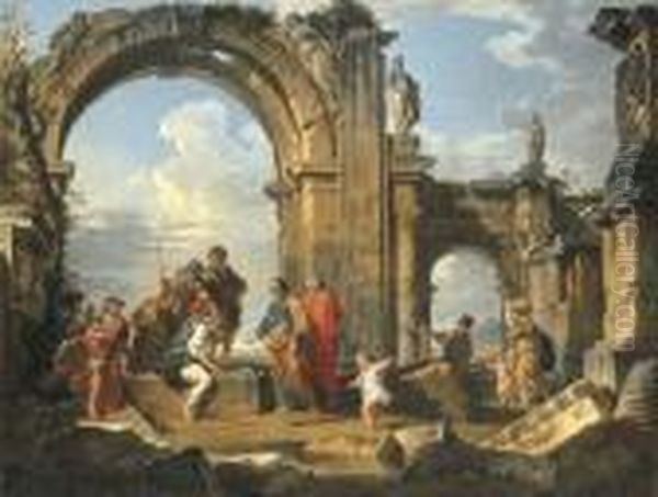 A Capriccio Of Roman Ruins With The Parable Of The Fishes Oil Painting by Giovanni Niccolo Servandoni