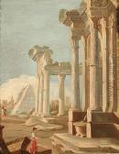 . Architetture Romane Con Figure. Oil Painting by Giovanni Niccolo Servandoni