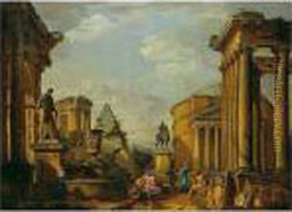 A Capriccio Of Roman Monuments With Saint Peter Preaching Oil Painting by Giovanni Niccolo Servandoni