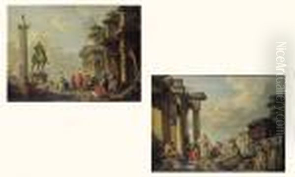 - Caprice Architectural Avec Le Temple De Vesta A Tivoli Oil Painting by Giovanni Niccolo Servandoni