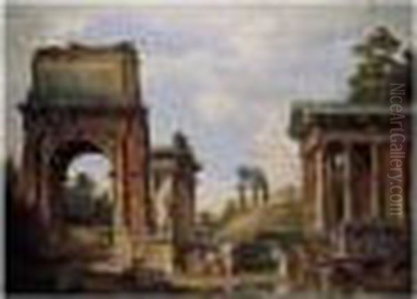 A Capriccio Of Roman Ruins And 
Monuments, Including The Arch Of Titus, The Farnese Flora, The Temples 
Of Saturn, Vespasian And Fortuna Virilis Oil Painting by Giovanni Niccolo Servandoni