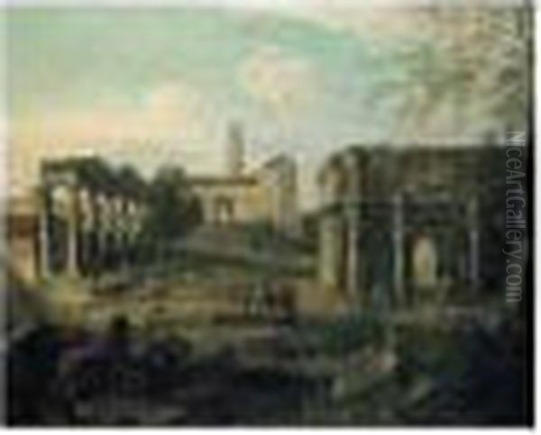 Rome, A Capriccio Of The Forum With Soldiers And Drovers Resting Among Classical Ruins Oil Painting by Giovanni Niccolo Servandoni