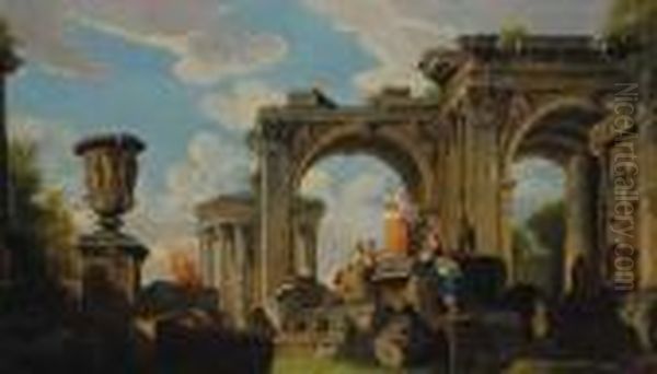 A Capriccio Of Classical Ruins, A Temple, And An Urn, With A Sybil And Other Figures Oil Painting by Giovanni Niccolo Servandoni