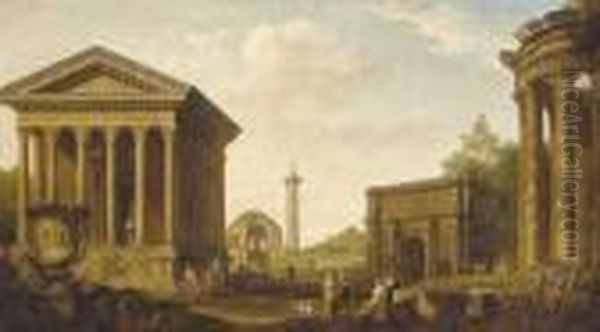 A Capriccio Of Figures Amongst Roman Ruins Oil Painting by Giovanni Niccolo Servandoni