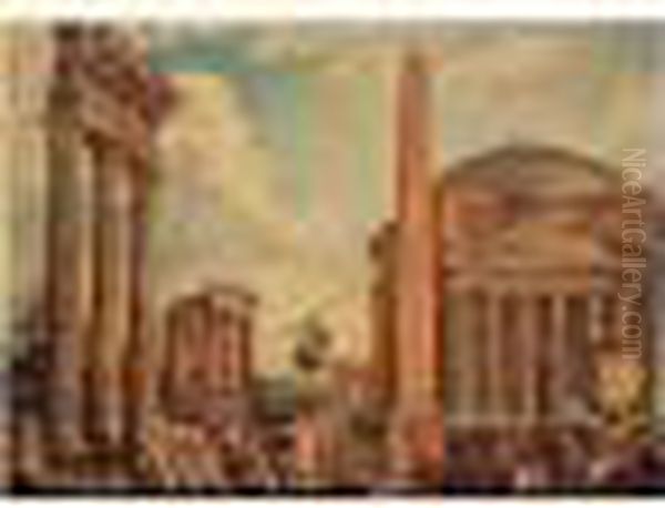 Roman Capriccio With The Pantheon And The Obelisk Oil Painting by Giovanni Niccolo Servandoni