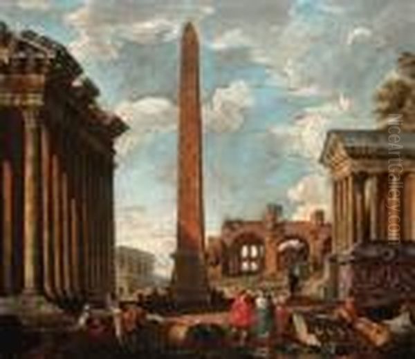 A Capriccio Of Classical Ruins 
With Figures By The Sarcophagus Of Constantine, An Obelisk, The Temple 
Of Fortuna, The Colosseum And The Basilica Of Maxentius Beyond Oil Painting by Giovanni Niccolo Servandoni