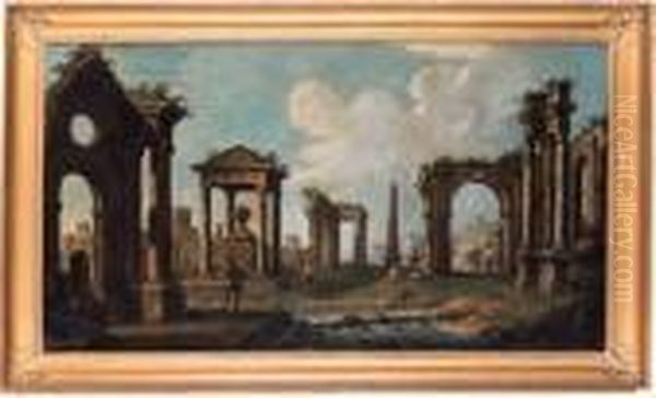 Figures Amongst Classical Ruins Oil Painting by Giovanni Niccolo Servandoni