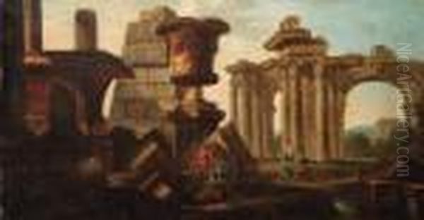 Figures Amongst Classical Ruins Oil Painting by Giovanni Niccolo Servandoni