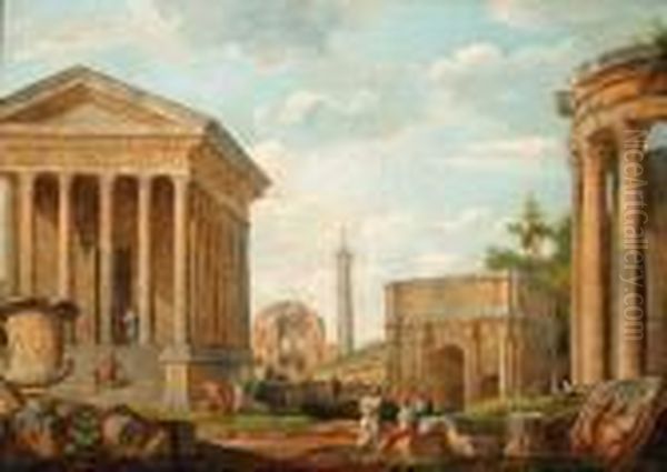 A Capriccio Of The Maison Care 
At Nmes, The Arch Of Septimusseverus, Trajan's Column, The Temple Of 
Minerva Medica And Thetemple Of Vesta With The Medici Vase And 
Philosophers In Theforeground Oil Painting by Giovanni Niccolo Servandoni