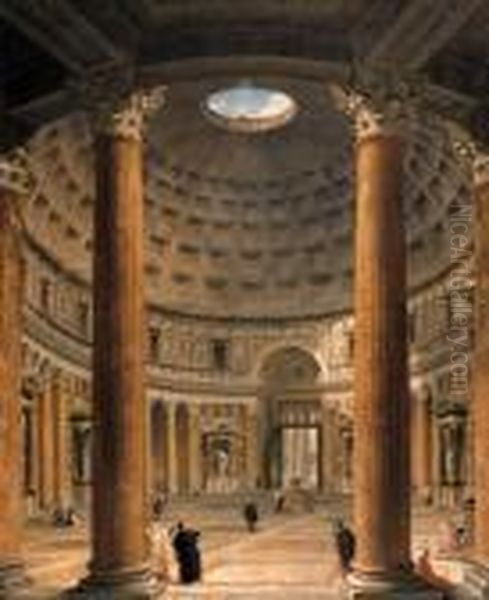 The Interior Of The Pantheon, 
Rome, Looking North From The Mainaltar Towards The Entrance, The Piazza 
Della Rotonda Beyond Oil Painting by Giovanni Niccolo Servandoni