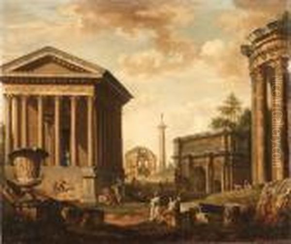 A Capriccio With La Maison Carre
 De Nmes, The Temple Of Minervamedica, The Column Of Marcus Aurelius, 
The Arch Of Septimus Severusand The Temple Of Vesta Oil Painting by Giovanni Niccolo Servandoni